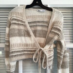 Zara Neutral Stripe Tie-Front Knit Cardigan